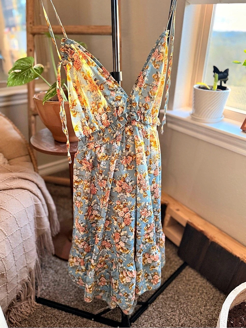 Blue Floral Tie Strap Cottagecore Summer Dress Size 6